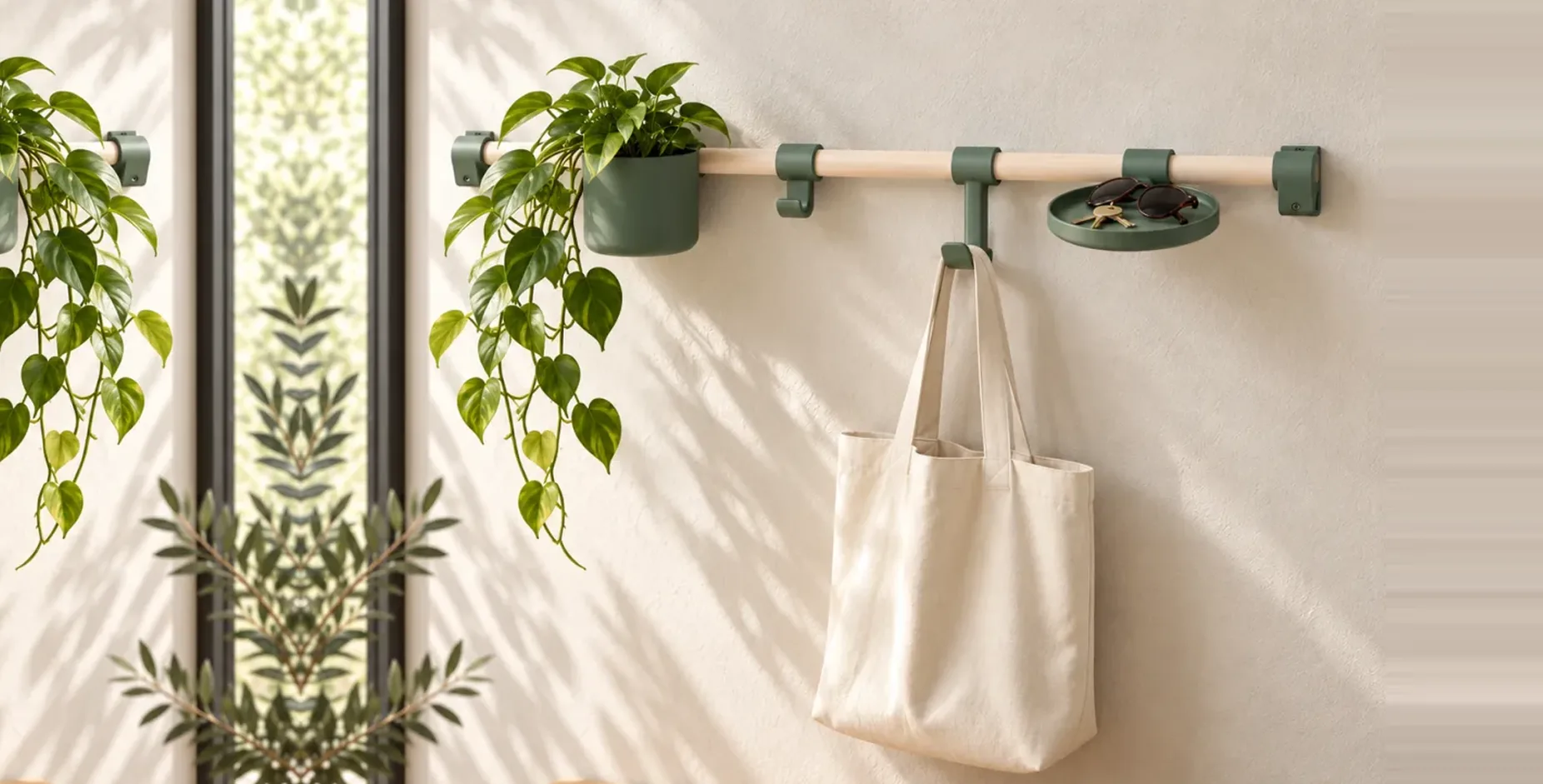 Kit mural horizontal Paco en sauge au mur, plante, crochets et sac